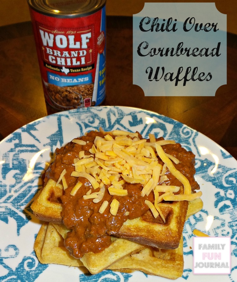 chili over cornbread waffles