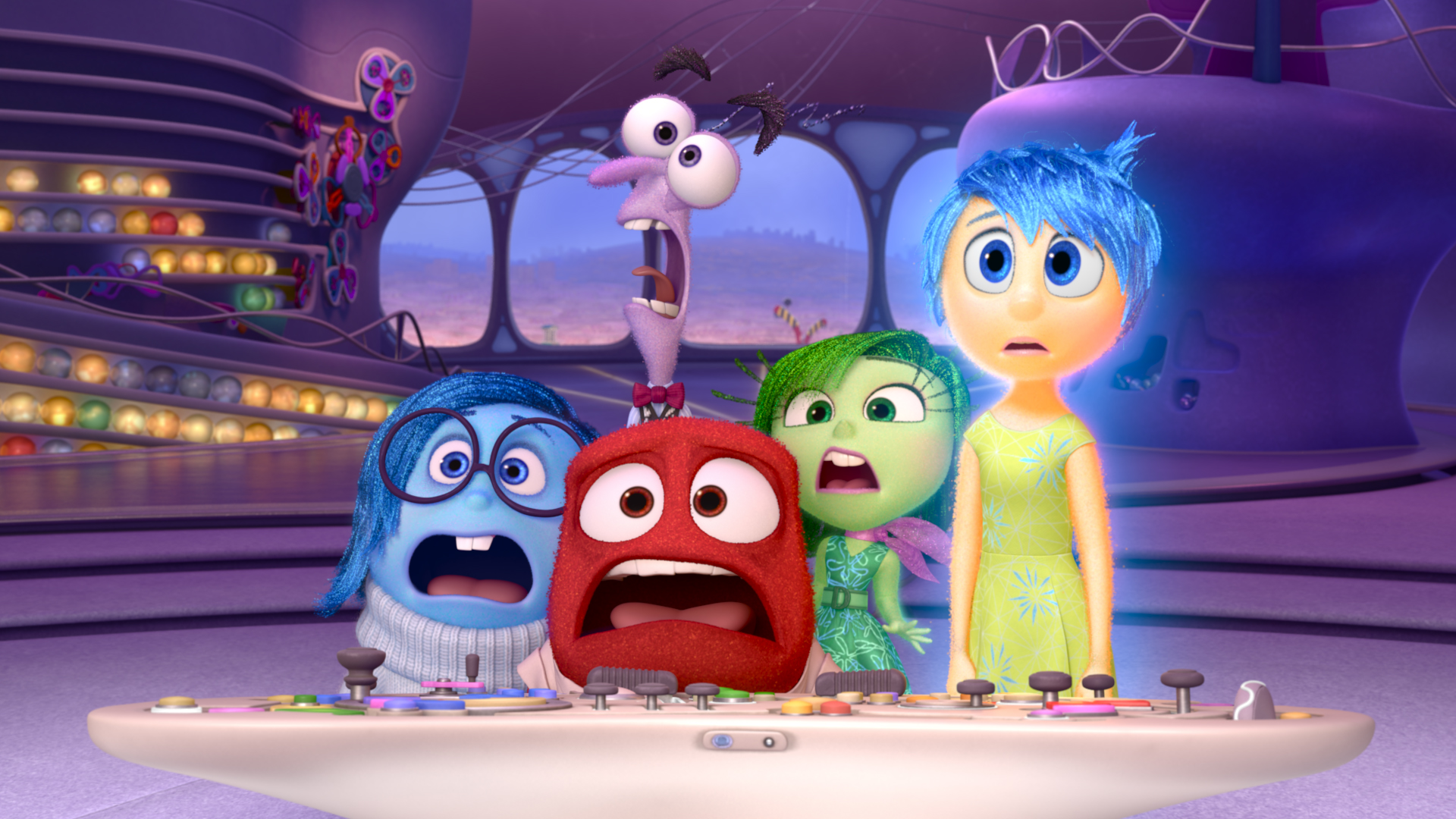 Pictured (L-R): Sadness, Fear, Anger, Disgust, Joy. 2015 Disney Pixar. All Rights Reserved.