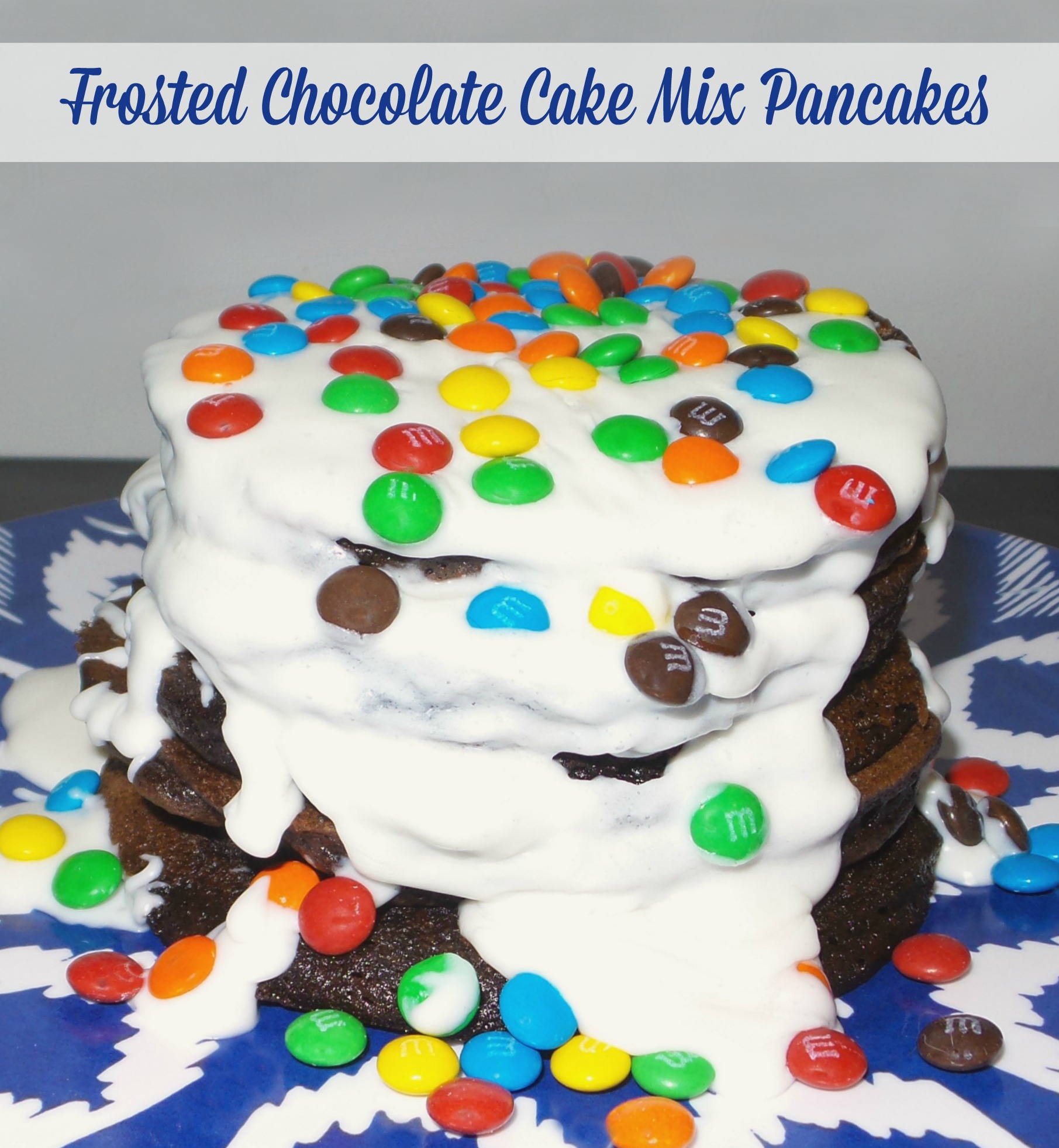 chocolate cake mix pancakes with frosting pinnable