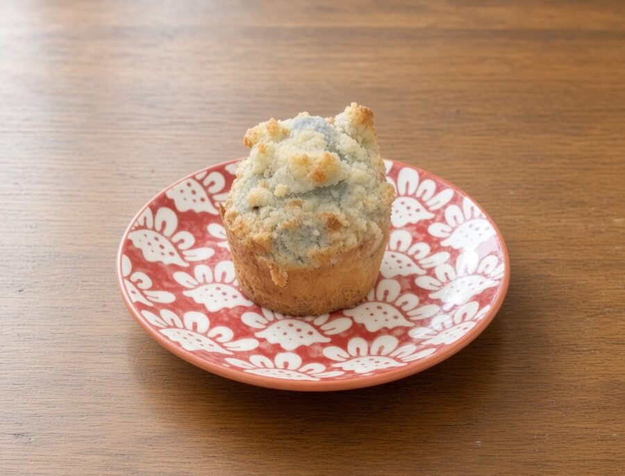 Blueberry muffin with crumb topping on a plate
